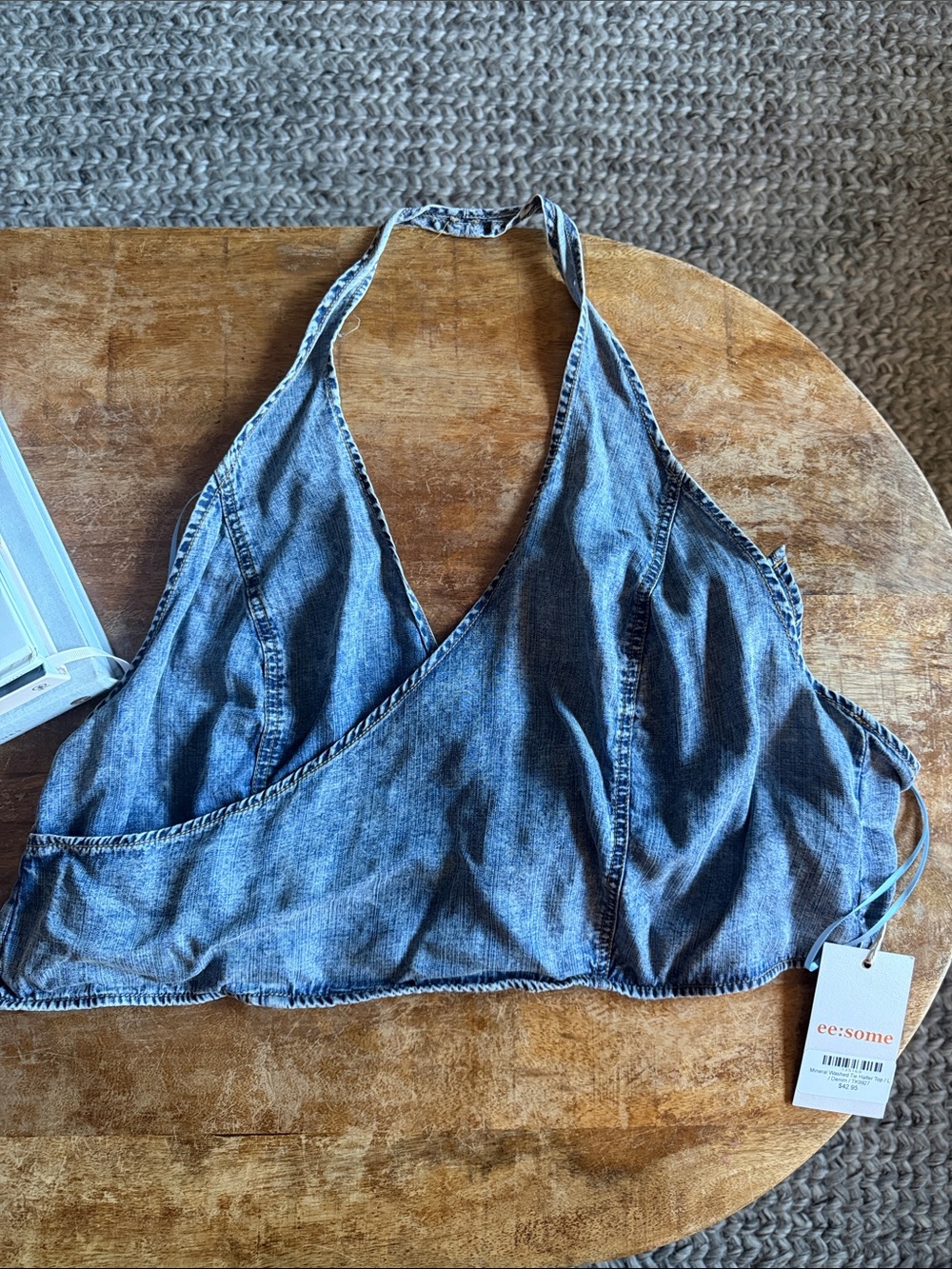 eesome Denim Tie Halter Crop Top - Blue